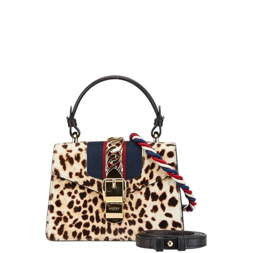 Gucci Sherry Line Sylvie Leopard Mini Calf Hair Leather Handbag Beige
